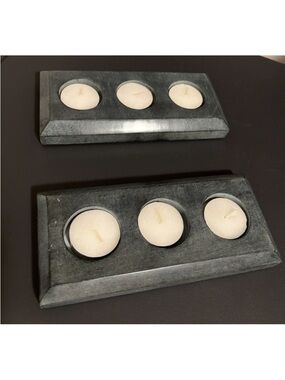 Set of Two Soap Stone Tea Light Candle Holders in a Dark Grey/Green Colour